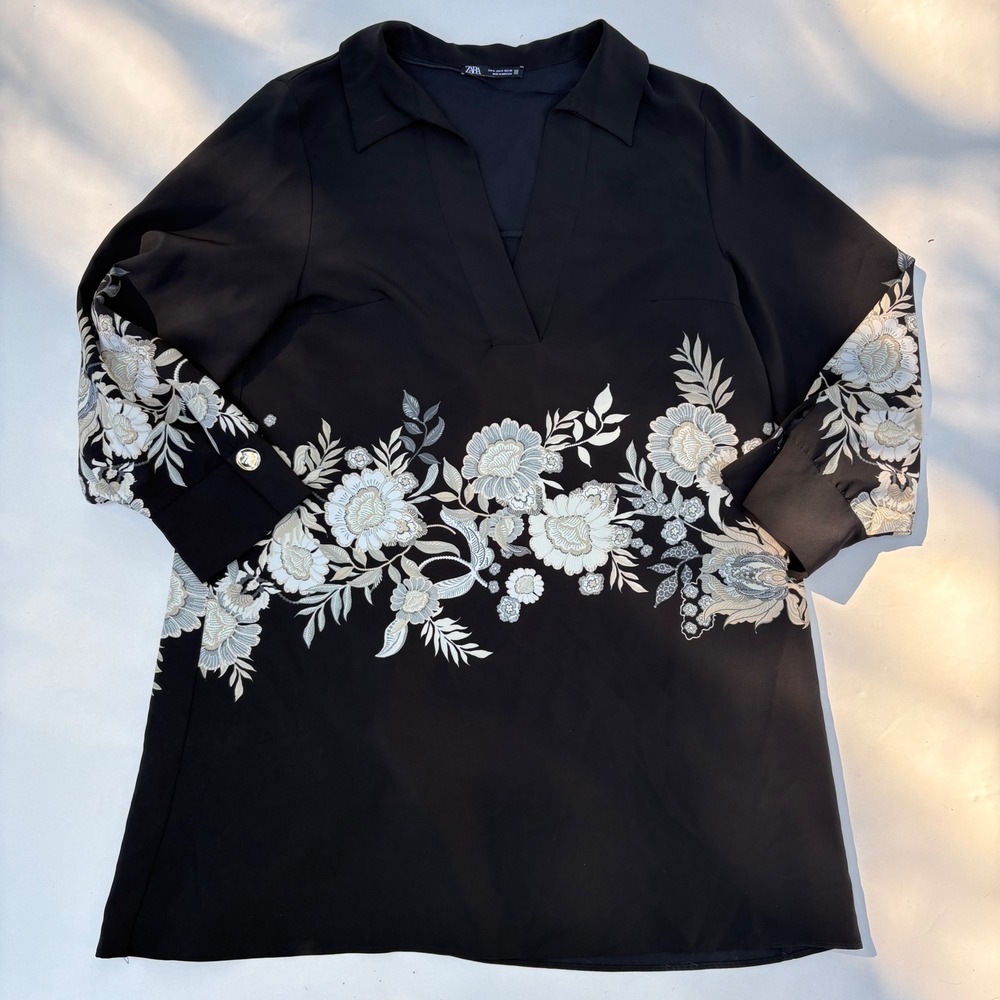 Zara Women Black Floral Embroidered V-Neck Tunic Blouse Long Sleeve Size M